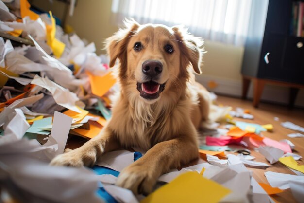 A golden retriever lies playfully amidst a chaotic spread of colorful paper scraps in a bright room