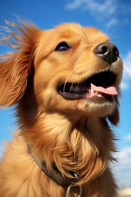 A Golden Retriever looking up at the sky with its mouth open and its fur blowing in the wind