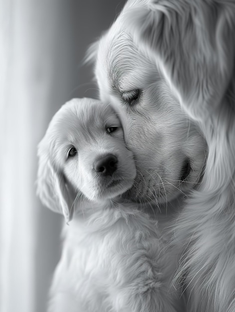 Foto golden retriever alza lo sguardo con il cucciolo genitore e cucciolo condividono un momento tenero in monocromatico