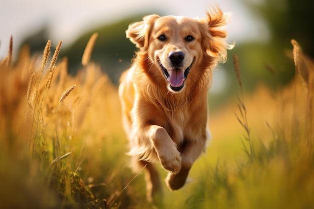 Golden Retriever loopt in het veld bij zonsondergang Concentreer je op de hond Een golden retriever hond loopt energiek in een veld met een vervaagde achtergrond AI gegenereerd