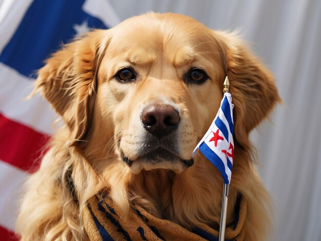 Golden retriever met Israëlische vlag Jasper the Pesach Puppy, een vijfjarige golden retriever tijdens de jaarlijkse Macy's Petacular op Herald Square