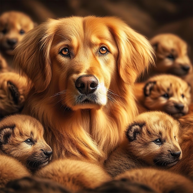 Photo golden retriever in the nest with babies