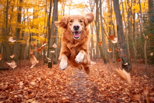 A golden retriever playing in fall leaves and woods Generative AI