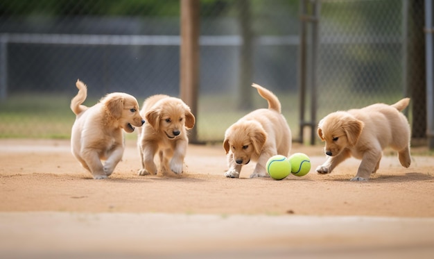 golden retriever puppies playing with ball