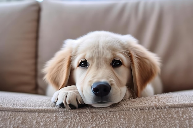 A golden retriever puppy is resting on a couch.