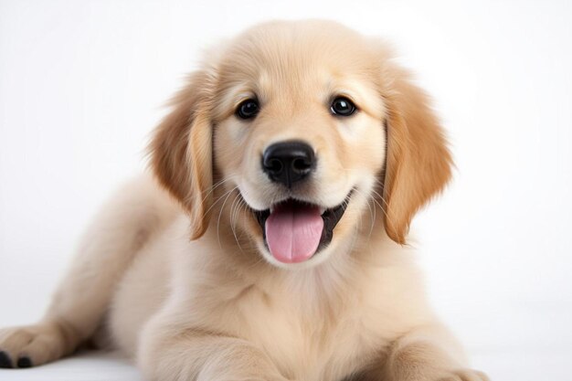 a golden retriever puppy laying down on a white surface