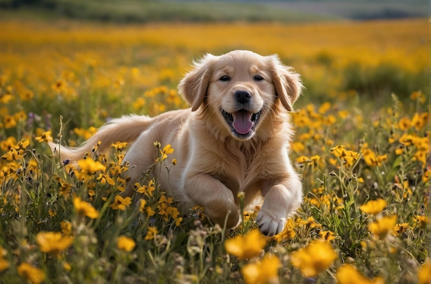 ゴールデン・レトリバーの子犬が花の中に横たわっている