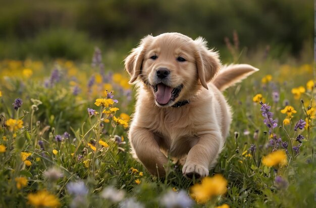 ゴールデン・レトリバーの子犬が花の中に横たわっている