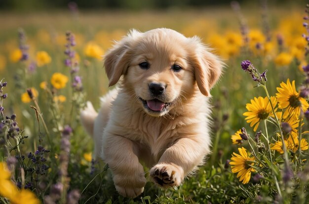 ゴールデン・レトリバーの子犬が花の中に横たわっている