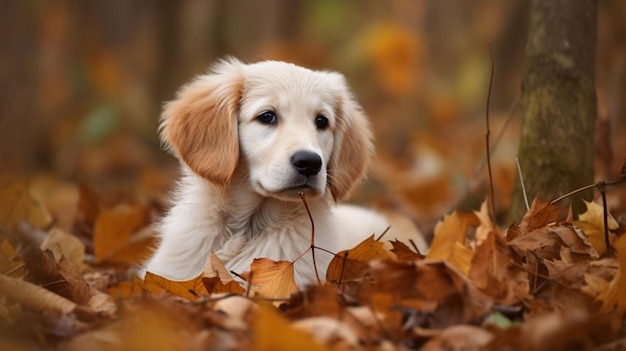 ゴールデンレトリバーの子犬が葉っぱの中に横たわり、背景に「ゴールデンレトリバー」という文字が書かれています。