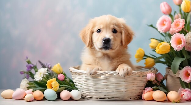 Golden Retriever puppy met bloemen en paaseieren kopieer ruimte achtergrond