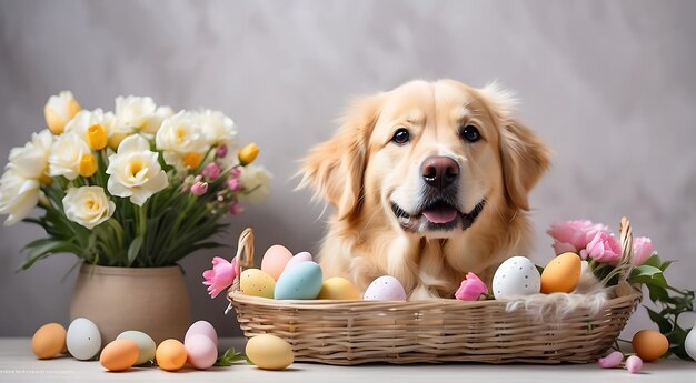 Golden Retriever puppy met bloemen en paaseieren kopieer ruimte achtergrond