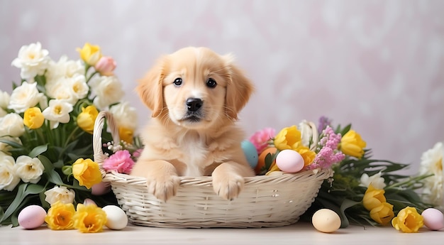 Golden Retriever puppy met bloemen en paaseieren kopieer ruimte achtergrond