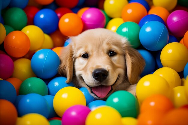 A golden retriever puppy peacefully sleeping soundly in a colorful ball pit