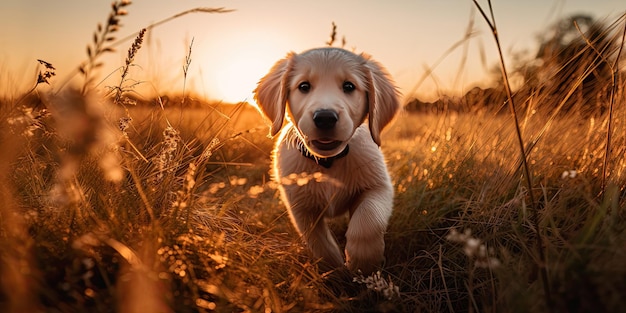 Golden retriever puppy playing in filed ai generative