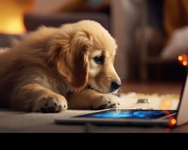 Photo a golden retriever puppy plays with a tablet generative ai