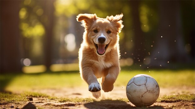 a golden retriever puppy running through the leaves