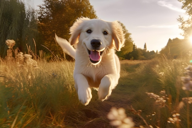 A golden retriever puppy runs through a field of grass.