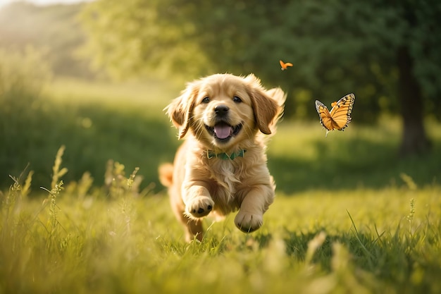 a golden retriever puppy runs through a field with butterflies flying around him