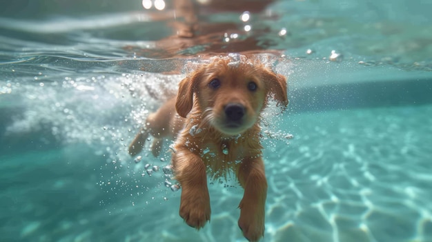 水中を泳ぐゴールデン・レトリバーの子犬