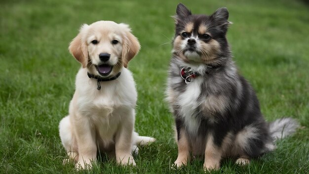 Golden retriever puppy zit naast een Britse kortharige