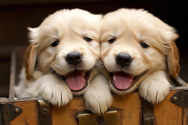 Golden Retriever-pups in een rustieke houten kist