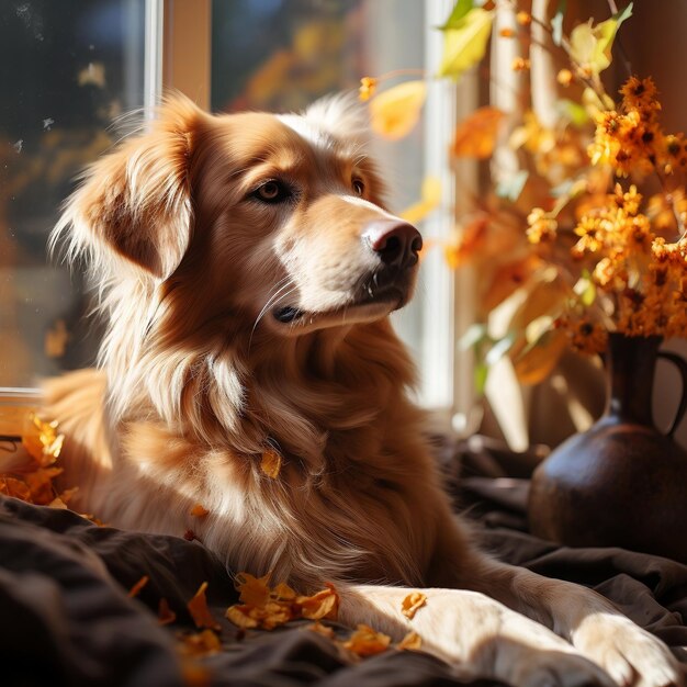 Photo a golden retriever resting on the windowsill while autumn leaves fall