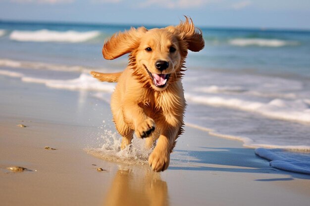 A golden retriever running on a beach near the ocean