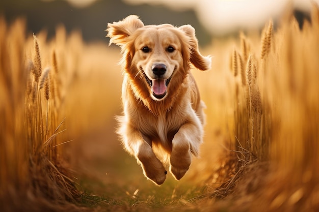 Golden Retriever running in the field Golden Retriever dog A Golden Retriever dog runs energetically in a field with a blurred background AI Generated