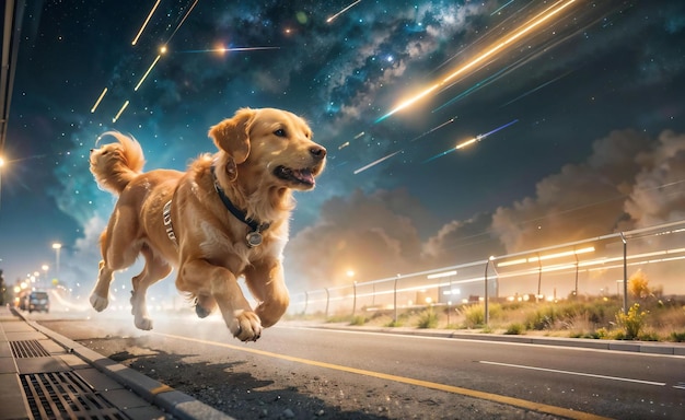 golden retriever running on highway high speed outer space sky