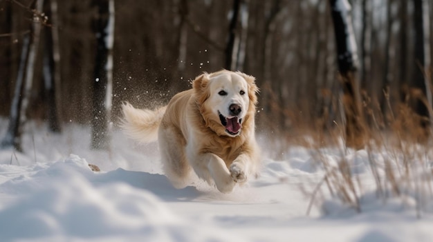 A golden retriever running in the snow