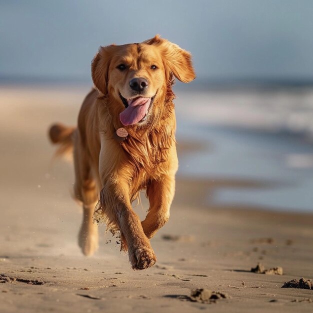 golden retriever runs along the sea on the beach