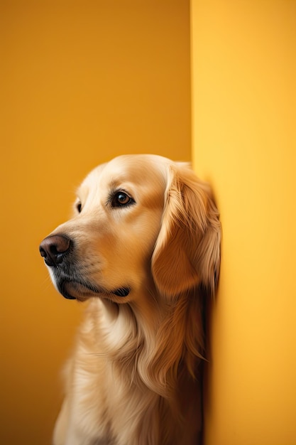 golden retriever sad peeks cautiosly around the corner on yellow background