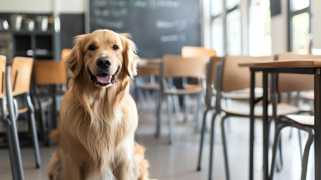 Photo a golden retriever sits in an empty classroom the dog is looking at the camera with a happy expression