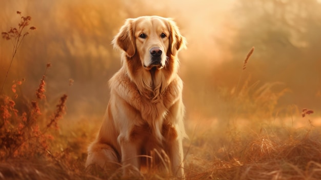 A golden retriever sits in a field