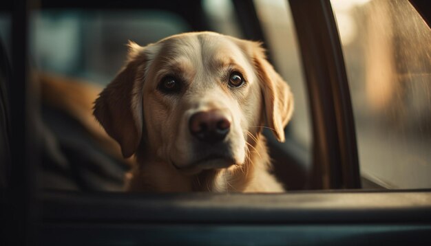 Golden retriever sitting in car looking out generated by AI