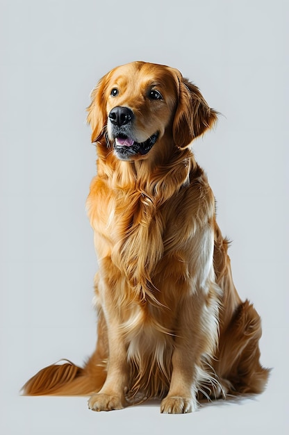 Golden retriever sitting in front of white wall