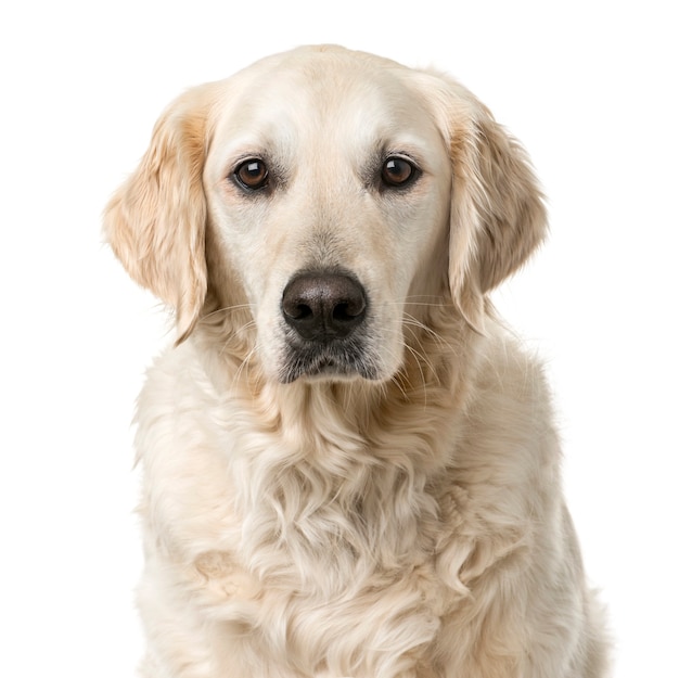 Golden retriever seduto davanti a un muro bianco