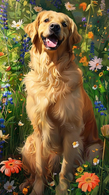 a golden retriever sitting happily in a field of flowers The happy and beautiful dog with a lovely