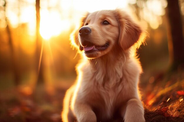 a golden retriever sitting in the woods at sunset