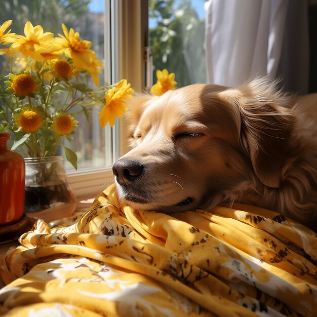 Photo a golden retriever sleeping on a yellow plaid window