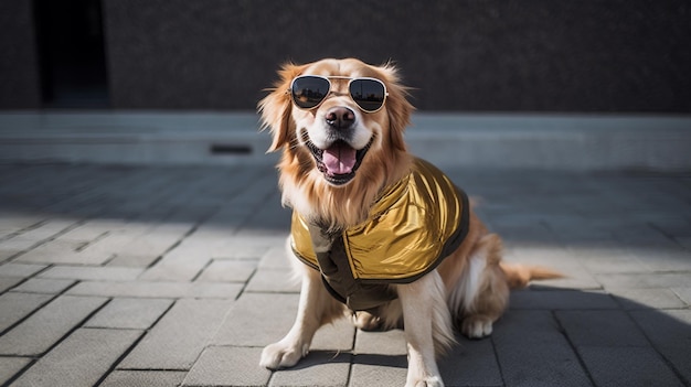 Golden Retriever smile expression with sun glasses