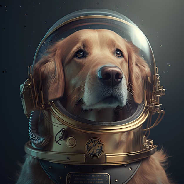 Golden retriever in spacesuit astronaut in space. Generative AI