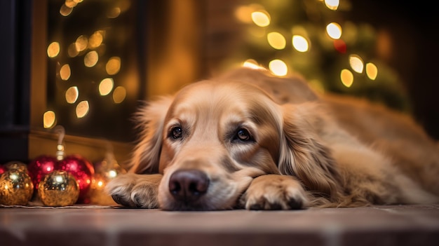 Golden retriever taking a nap next to the fireplace in cozy Christmas atmosphere