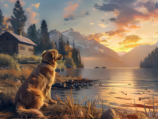 Photo golden retriever watching sunset peacefully ai generated