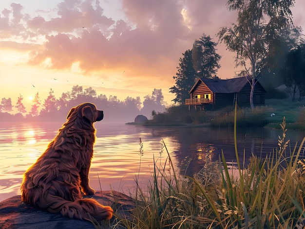 Golden retriever watching sunset peacefully Ai generated