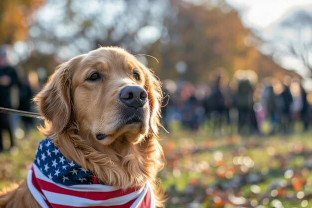 Foto un golden retriever che indossa una bandana con il disegno della bandiera americana