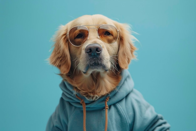 Golden Retriever wearing clothes and sunglasses on Blue background