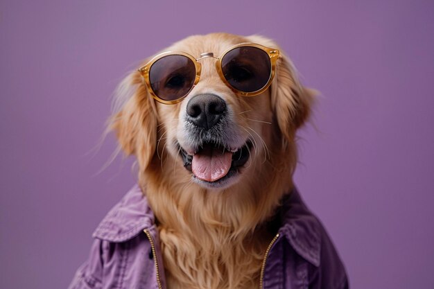 Golden Retriever wearing clothes and sunglasses on Purple background