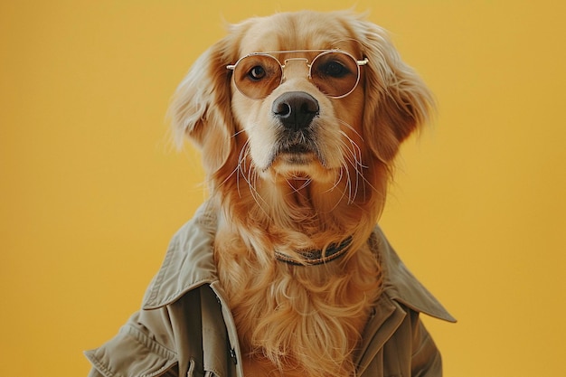 Golden Retriever wearing clothes and sunglasses on Yellow background